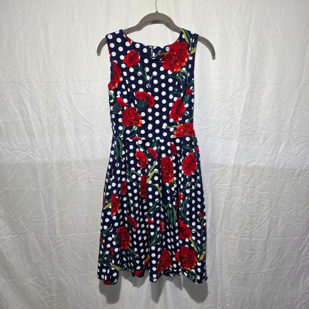 Jolie Moi Navy Polka Dot Red Floral Fit & Flare Dress Sleeveless 86203 Size 8